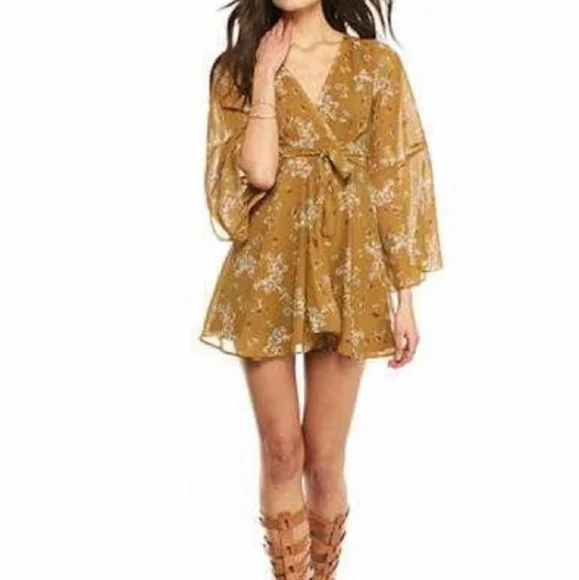 Free People Lilou Toffee Floral Bell Sleeve Dress Sx XS - Picture 4 of 11